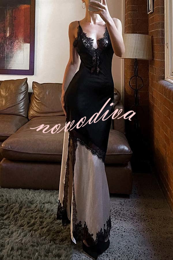Soft and Romantic Satin Lace Trim Colorblock V-neck Side Slit Maxi Dress