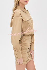 Soraya Epaulette Button Design Long Sleeve Ruched Hem Shirt Mini Dress