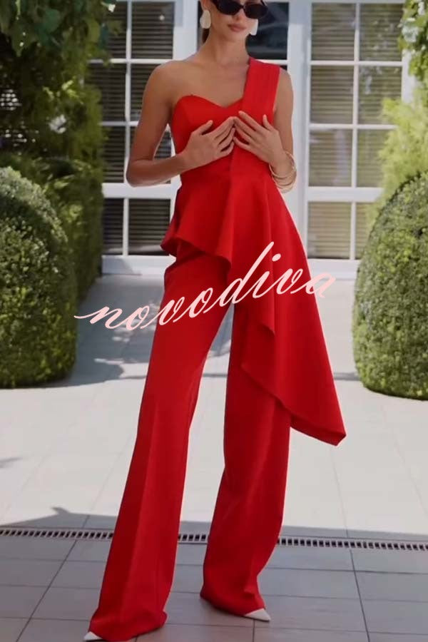 Amena One Shoulder Sweetheart Neck Ruffle Hem Top and Elastic Waist Pocket Wide Leg Pants Set