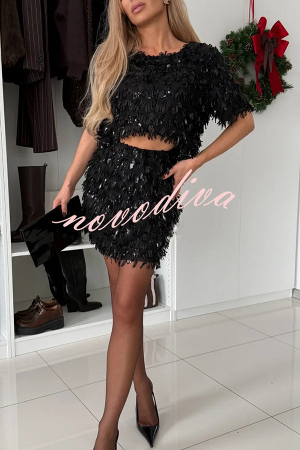 Polished Uptown Sequin Tassel Round Neck Short Sleeve Top and Elastic Waist Mini Skirt Set