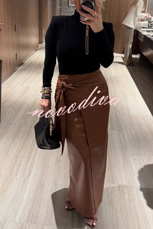 Snappy Casual Slay Faux Leather High Rise Wrap Tie-up Stretch Maxi Skirt