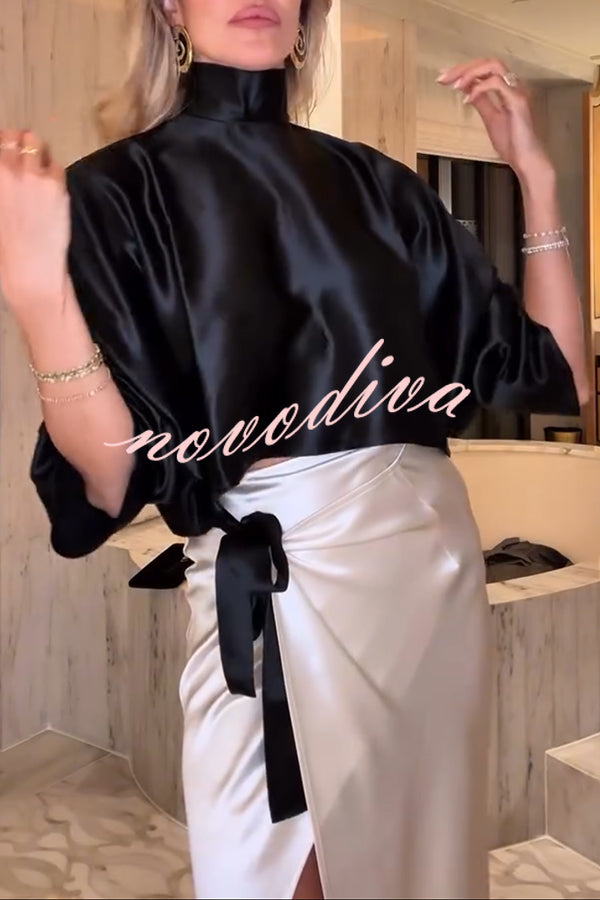 Black and White Classic Satin High Neck Crop Top and Wrap Tie-up Slit Maxi Skirt Set