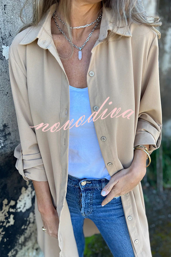 Solid Color Lapel Long Sleeve Button Casual Long Shirt