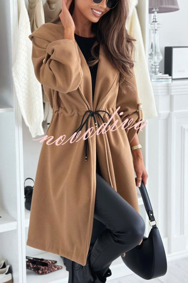 Effortless and Warm Textured Fabric Drawstring Waist Pocket Hooded Midi Coat