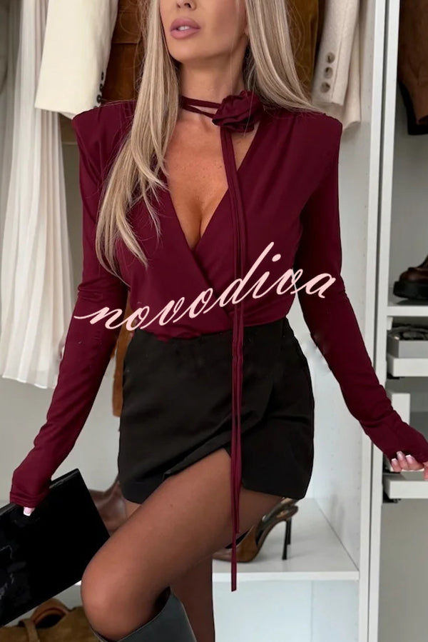 Toast To Midnight Solid Color V-neck Long Sleeve Slim-fit Bodysuit