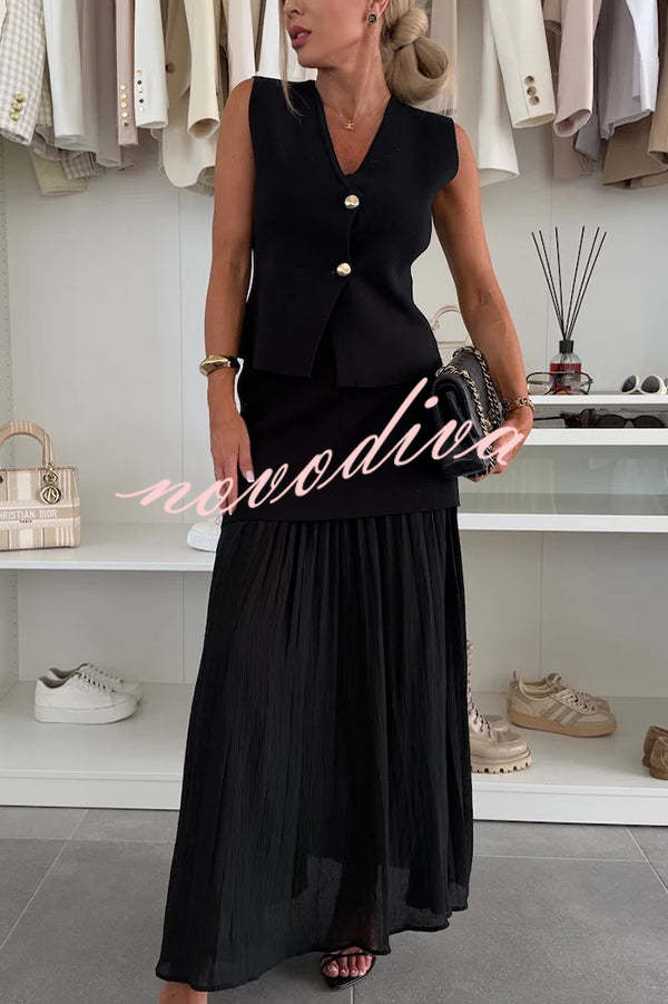 Stylish and Elegant Knit Spliced Tulle Elastic Waist Pleated Maxi Skirt