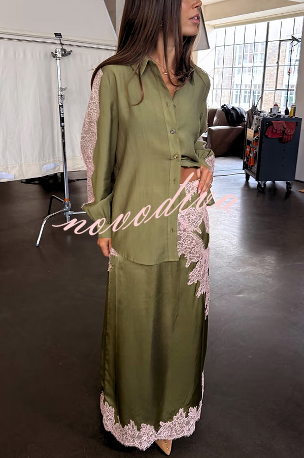 Eye-catching Work Contrast Color Satin Lace Trim Mid Rise Maxi Skirt