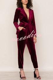 Solid Color Velvet Long-sleeve Blazer and Elastic Waist Pocket Pants Set