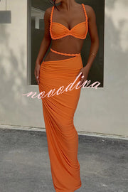 Sexy Halter Back Braided Suspender Top and Beach Holiday Style Hip-wrapped Maxi Skirt Set