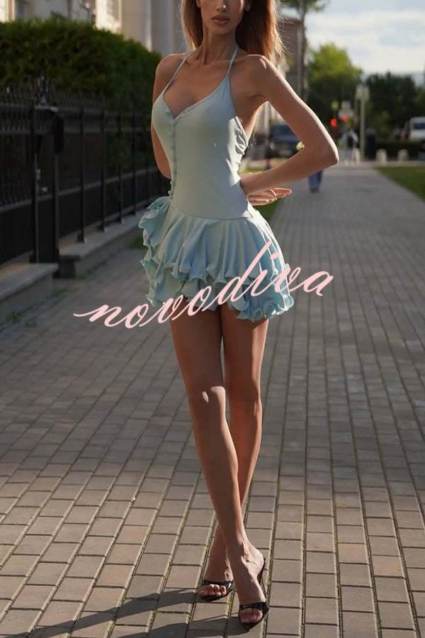 Solid Color Sexy Halter Tie Single Breasted Slim Mini Dress
