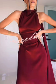 Solid Color Satin Elegant Sleeveless Waist Maxi Dress