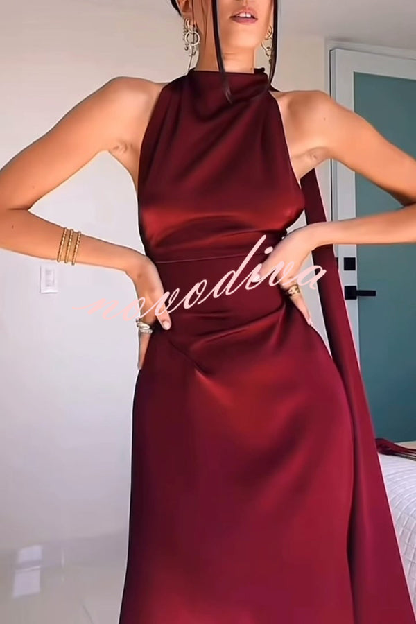 Solid Color Satin Elegant Sleeveless Waist Maxi Dress