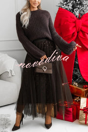 Party Daydream Sequin Tulle High Rise Elastic Waist Maxi Skirt