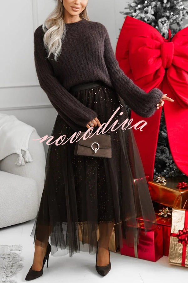 Party Daydream Sequin Tulle High Rise Elastic Waist Maxi Skirt