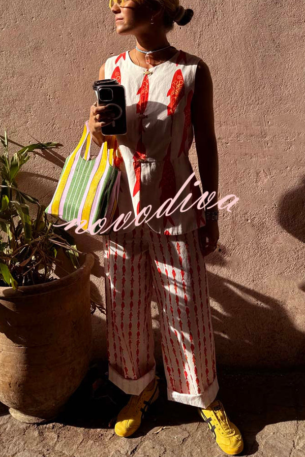 Good Luck Linen Blend Koi Pattern High Rise Elastic Waist Loose Pants