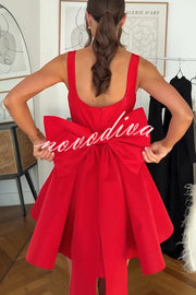 Red Drama Taffeta Square Neck Back Oversized Bow Pocket Mini Dress