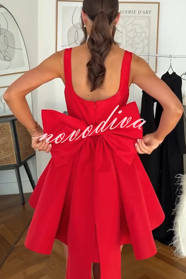 Red Drama Taffeta Square Neck Back Oversized Bow Pocket Mini Dress