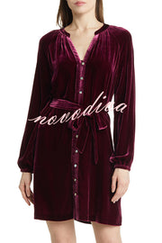 Solid Color Velvet Long-sleeved V-neck Lace-up Mini Dress