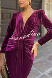 Elisabeth Luxurious Velvet Padded Shoulders Long Sleeve Twist Waist Drape Midi Dress