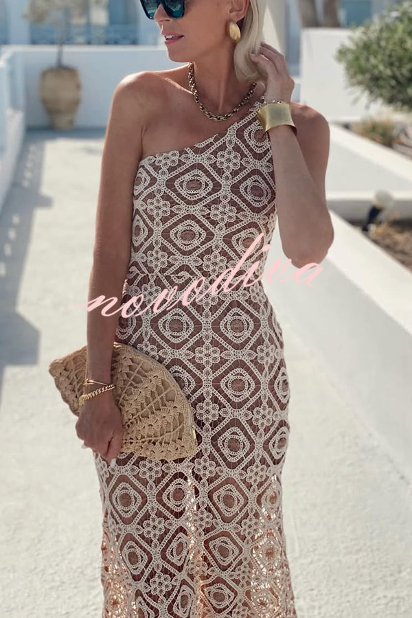 Obsessed with Beauty Crochet Lace One Shoulder Maxi Dress