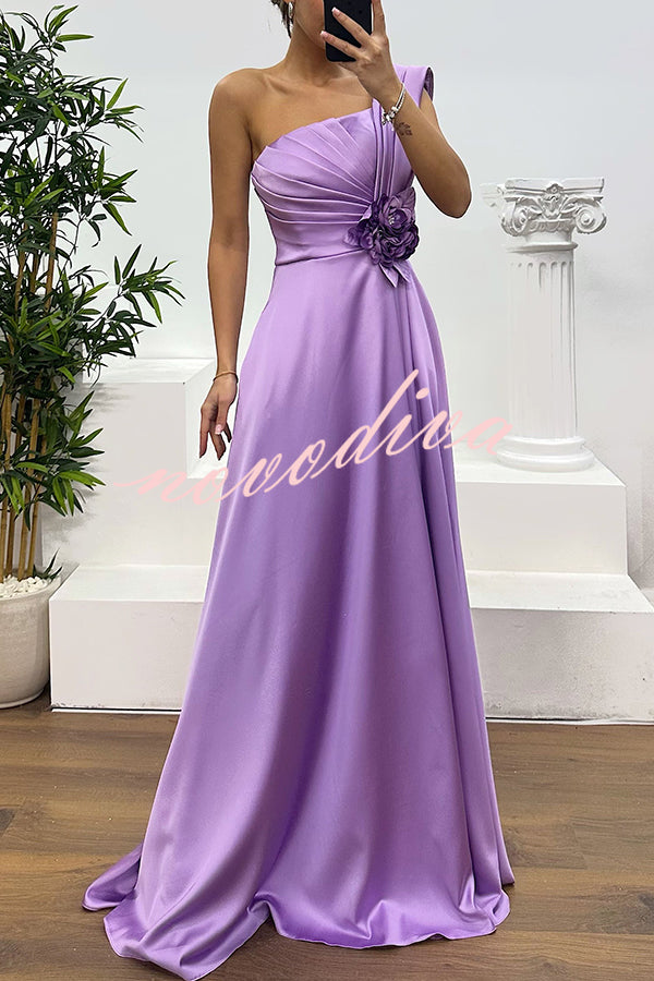 Nasha Satin Pleated One Shoulder Petal Gemstone Detail Pocket Slit Maxi Dress