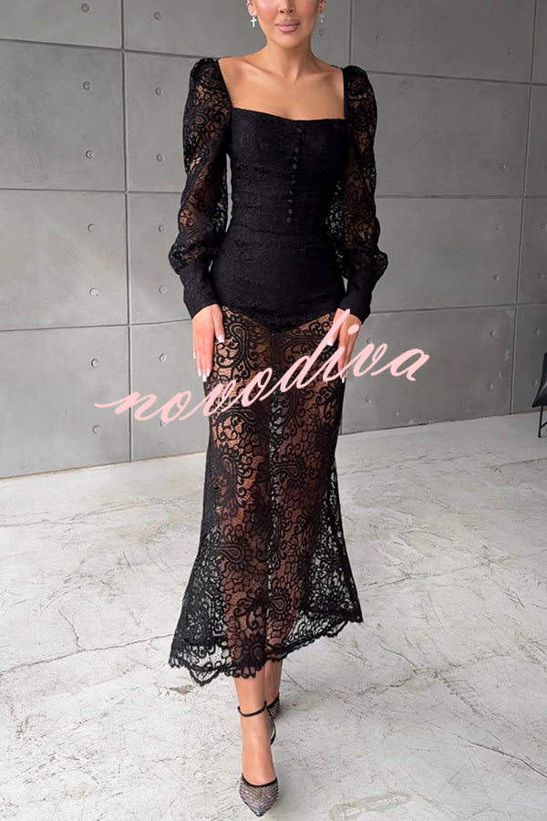 Timeless Moment Floral Lace Square Neck Button Up Balloon Sleeve Top