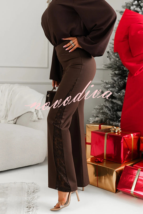 Joelie High Rise Elastic Waistband Side Lace Patchwork Flare Pants