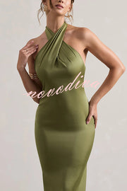 Solid Color Halter Neck Tie Sexy Backless Slim Maxi Dress