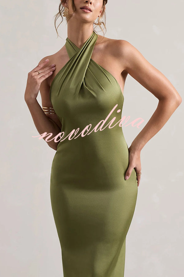 Solid Color Halter Neck Tie Sexy Backless Slim Maxi Dress