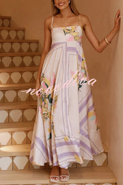 Botanical Print Square Neck Suspender Casual Full Hem Maxi Dress