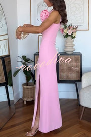 Samaya One Shoulder Detachable Rose Corsage Slit Stretch Maxi Dress