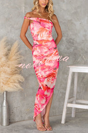 Imposter Mesh Floral Asymmetrical Neck Ruched Stretch Maxi Dress