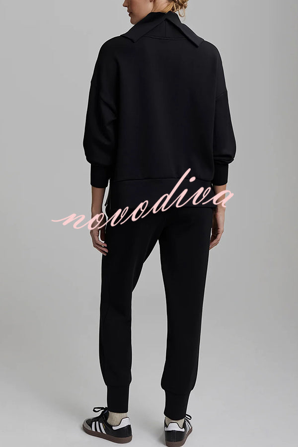 Afternoon Tea Time Turtleneck Side Zipper Sweatshirt and Elastic Waist Pocketed Loose Jogger Set