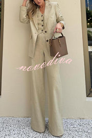 Solid Color Lapel Blazer + Slim Waistcoat and Pocket Wide-leg Pants Three-piece Set