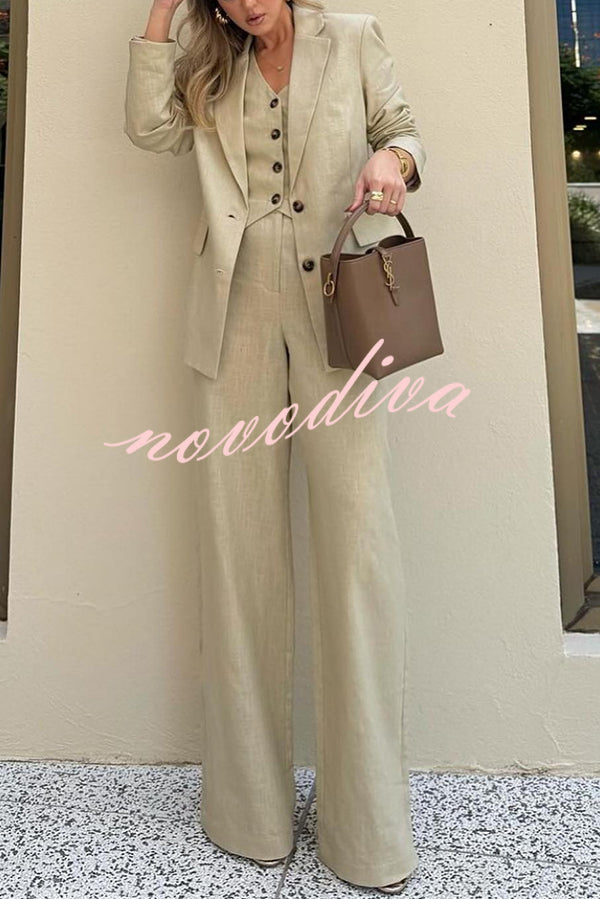 Solid Color Lapel Blazer + Slim Waistcoat and Pocket Wide-leg Pants Three-piece Set