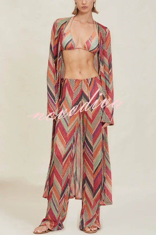 Gypsy Girl Triangle Pattern Tie-up Long Sleeve Midi Cover-up Robe