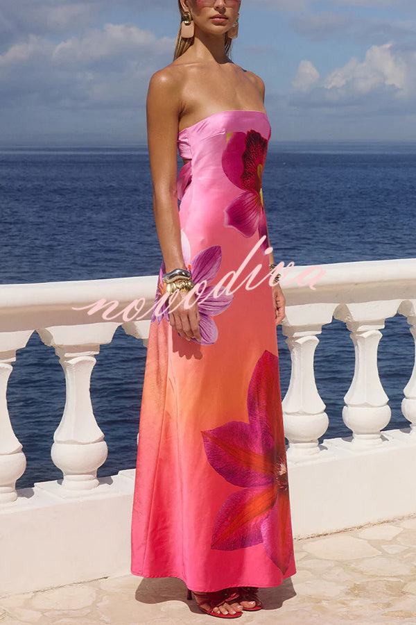 Floral Print Sexy Strapless Backless Holiday Maxi Dress
