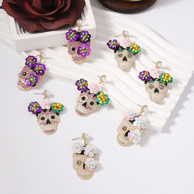 Fashion Flower Skull Diamond Earrings