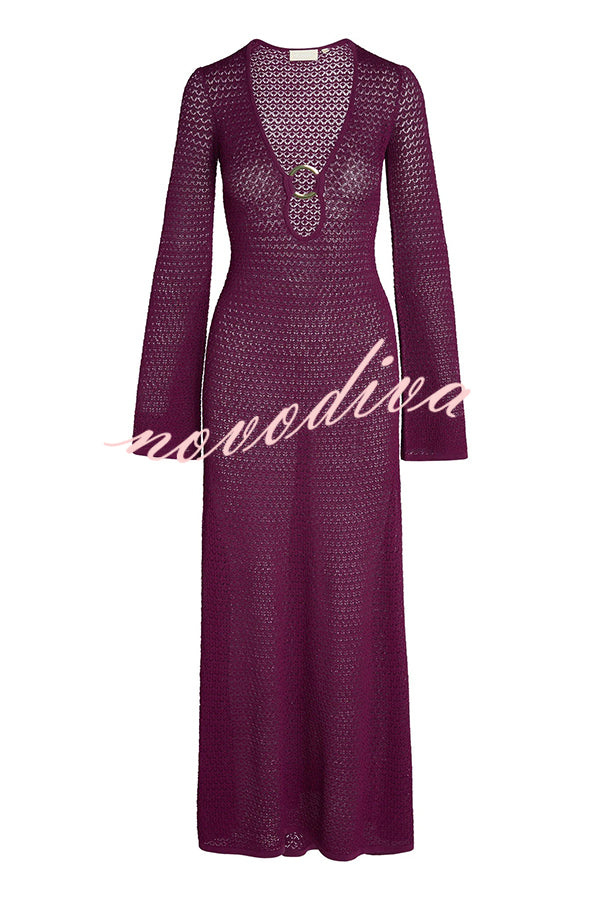 Seaside Goddess Crochet Knit Hollow Out Golden Ring Long Sleeve Cover-up Maxi Dress