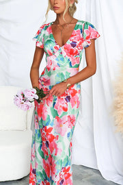 Say I Do Satin Floral Print Cap Sleeves Maxi Dress