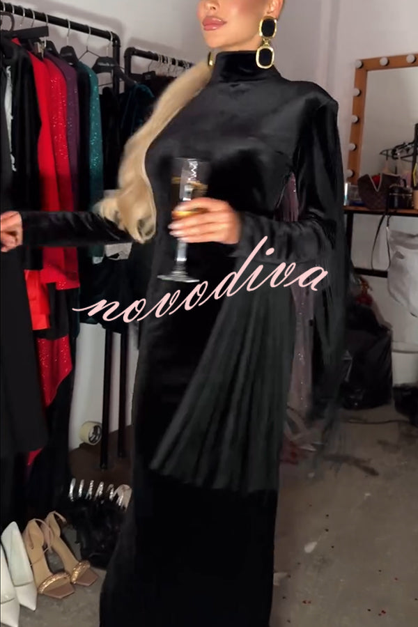 Eve Velvet Open Back Tassel Trim Long Sleeve Slit Maxi Dress
