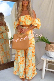 Quinci Floral Puff Sleeve Smocked Top and Elastic Waist Pocketed Loose Pants Set