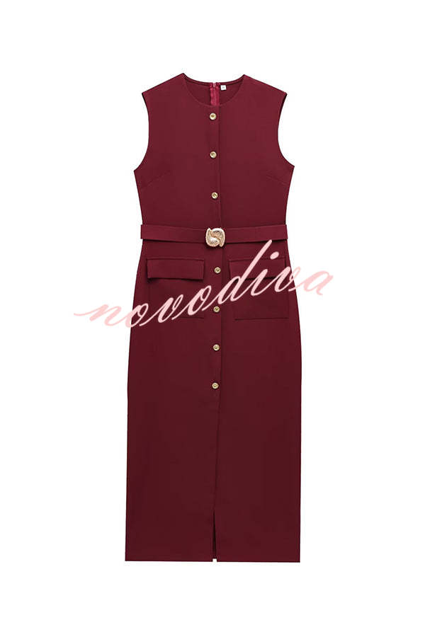 Danina Button Up Sleeveless Metal Belted Pocket Stretch Midi Dress