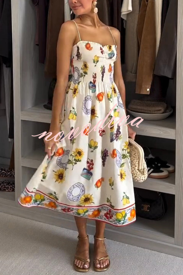 Summer Fruit Print Sling Pleated Vacation Midi Dress