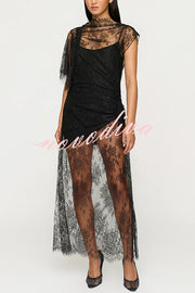 Romantic Statement Lace One Shoulder Bell Sleeve Asymmetrical Maxi Dress