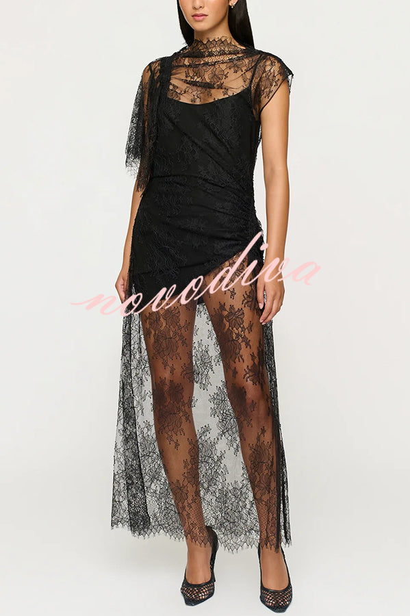 Romantic Statement Lace One Shoulder Bell Sleeve Asymmetrical Maxi Dress