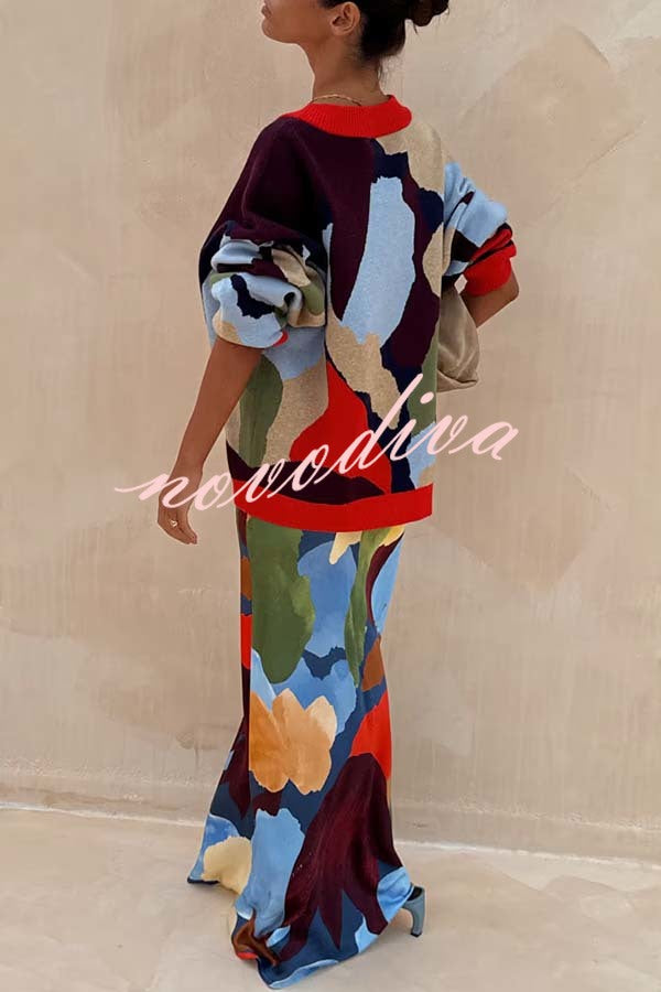Bright and Bold Satin Abstract Color Blocks Print Elastic Waist Drape Maxi Skirt