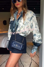 Bohemian Elegant Satin Contrast Color Unique Print Button Up Pocket Loose Blouse