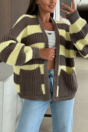 Fashionable Patchwork Striped Casual Pocket Knitted Sweater