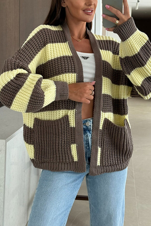 Fashionable Patchwork Striped Casual Pocket Knitted Sweater